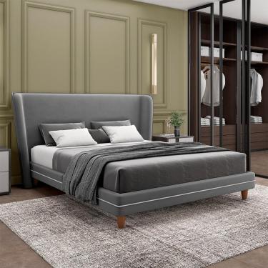 Imagem de Conjunto Cama com Cabeceira Casal Torres Pés em Madeira Veludo Cinza G91 - Gran Belo