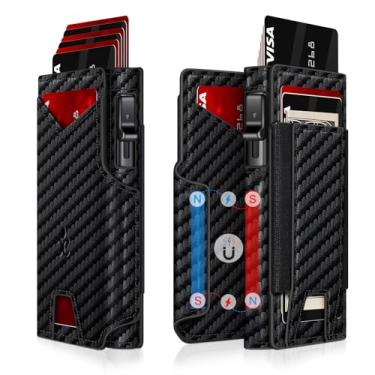 Imagem de Carteira masculina com porta-cartões pop-up fino de 9 a 13 cartões, carteira inteligente minimalista dobrável com bloqueio de RFID com janela para identidade e compartimento extensível para dinheiro