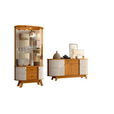 Imagem de Kit Sala de Jantar Mônaco e Moss Cinamomo Off White Buffet 4 Portas e Cristaleira com L...