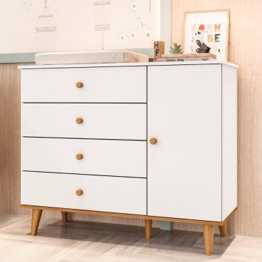 Imagem de Cômoda Infantil Retrô 4 Gavetas com Porta Fraldário Pés Palito Lígia MDF Branca Carolina Baby