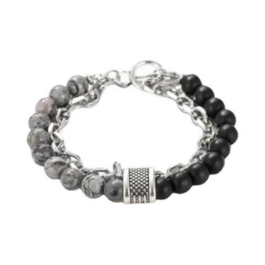 Imagem de Pulseira Masculina De Aço Inoxidável Com Pedras Naturais E Contas De M