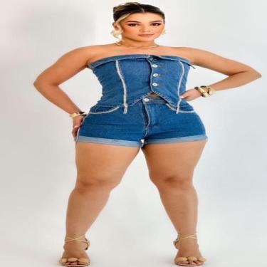 Imagem de Conjunto Jeans Short e Cropped Pedrarias Modinha - A.M Modas, Azul, 40