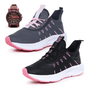 Imagem de Combo 2 Pares Tênis Feminino Esportivo Academia Caminhada Musculação Treino com Relógio...