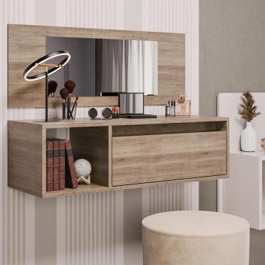 Imagem de Penteadeira Camarim Com Espelho Suspensa 90cm 1 Porta Elle Z34 Freijó - Mpozenato