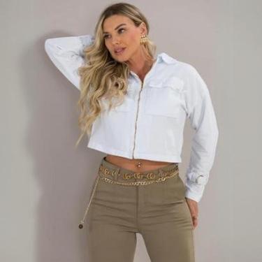 Imagem de Jaqueta Feminina Cropped Jeans Fecho Zíper Diamante Branco Gola Colarinho Manga Longa-F...