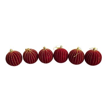 Imagem de Jogo Bolas Veludo Bordo - Listas Ouro 6 Unid. para Decoração de Natal com Listras Doura...