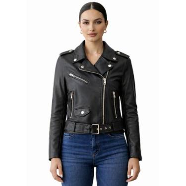 Imagem de Jaqueta Feminina Biker Couro PU Preta Slim Premium Cor:PretoTamanho:P 