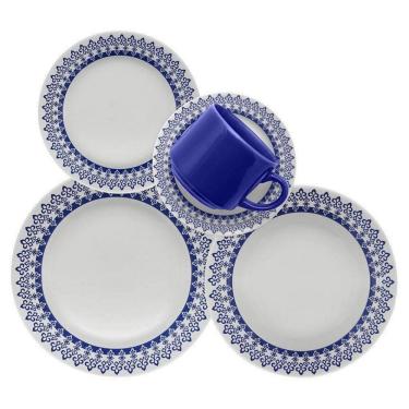Imagem de Aparelho De Jantar Chá E Sobremesa Biona Donna Grécia 20 Peças Branco Com Azul