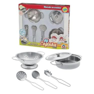 Imagem de Jogo De Cozinha Infantil Panelas Escorredor Inox Brinquedo - Braskit