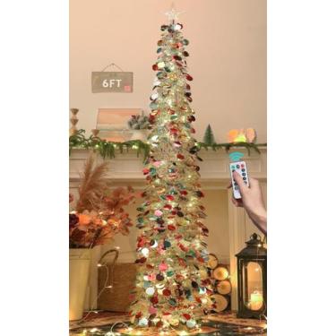 Imagem de Árvore de Natal HMASYO de 6 pés com 100 luzes LED e prata remota