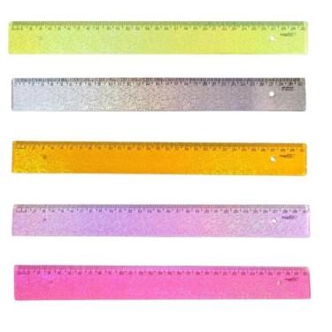 Imagem de Kit 05 Régua Escolar 30cm Holográfica Glitter New Line Brilhante Maxcr