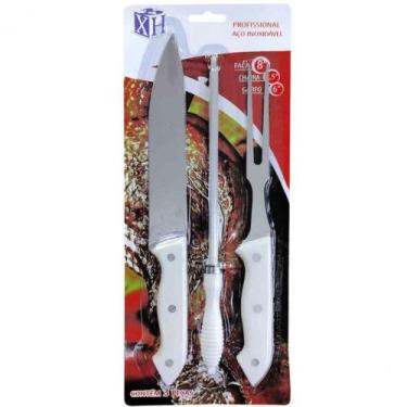 Imagem de Kit Churrasco Faca Garfo Amolador Aço Inox Cozinha 3 peças - XH
