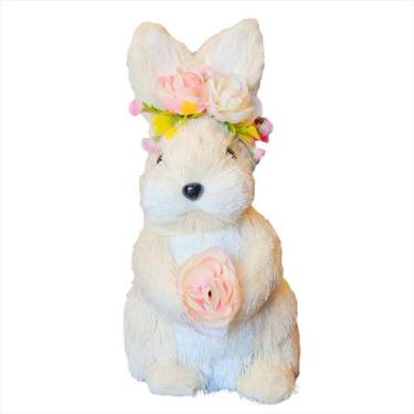 Imagem de Enfeite Coelho de Palha Florido com Rosa Páscoa 21cm - Florarte