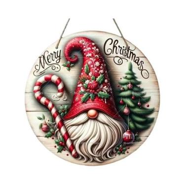 Imagem de Placa De Madeira Feliz Natal 2D Com Gnomo E Boneco De Neve Para Pendur
