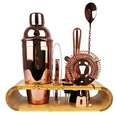 Imagem de Coqueteleira Profissional Rose Gold Com Acessórios em Aço Inox 750ml Kit Barman Base em Madeira - Premium