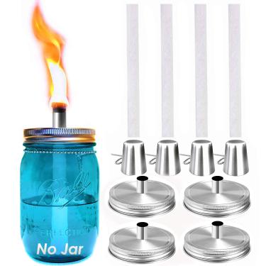 Imagem de Conjunto de lanterna de mesa Mason Jar, 4 unidades de persianas de fibra de vidro de longa duração, tampas de aço inoxidável Mason Jar tampas incluídas, lanterna de óleo para deck externo
