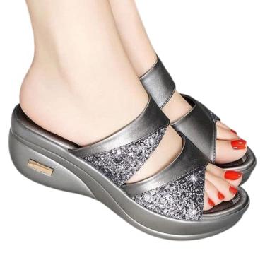 Imagem de Sandálias femininas confortáveis de plataforma PU PU PU com glitter para verão (8, prata)