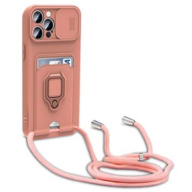 Imagem de Capa para iPhone 14/14 Pro/14 Plus/14 Pro Max, capa traseira fina, capa deslizante de proteção de lente, cordão, anel giratório, slot para cartão, capa de TPU à prova de choque, rosa, 14 plus 6,7 polegadas