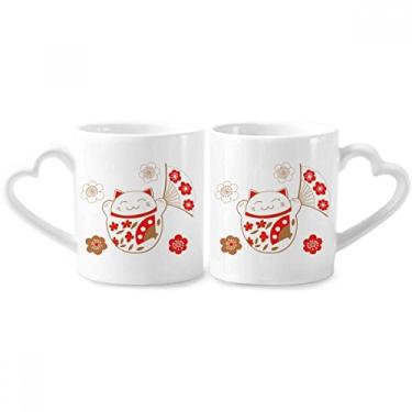 Imagem de Lucky Fortune Conjunto de canecas de porcelana para casais, fãs de flores de gato, coração de cerâmica