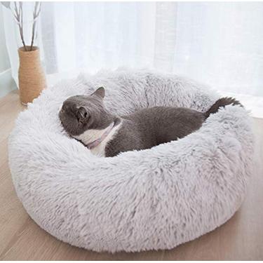 Imagem de Cama de cachorro redonda de pele sintética Donut Nesting Cave Cat Bed para gatos e cães pequenos e médios, Kitty Puppy Sofa Warm Cushion Pet Bed in Winter-Light grey-M:60x60cm little surprise