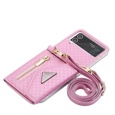 Imagem de Capa de telefone transversal para Samsung Galaxy Z Flip 4 5G Flip4 slot para cartões de crédito geométrico à prova de choque capa traseira de couro com cordão, rosa, para Galaxy Z Flip4 5G