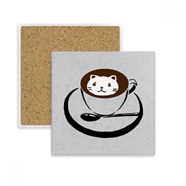 Imagem de Ilustração de xícara de café adorável estampa de gato quadrada porta-copos tapete para caneca suporte subplaca pedra isolante