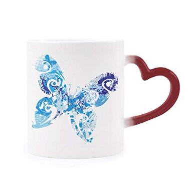 Imagem de Caneca de grés com estampa de borboleta azul celeste vibrante sensível ao calor Caneca vermelha que muda de cor