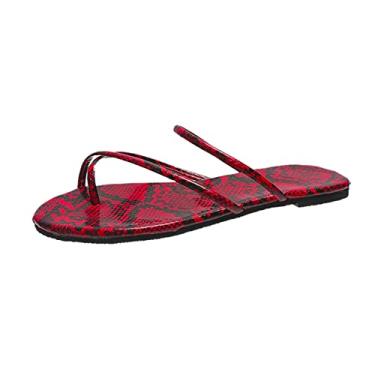 Imagem de Sandálias rasteiras femininas com estampa de pele de cobra sapatos sobre sandálias estampa plana todos os tamanhos de praia moda grande feminina (vermelho, 35-36)