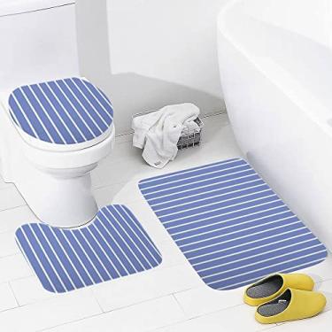 Imagem de Conjunto de tapetes de banheiro 3 peças listrado azul branco listras verticais tapete de banheiro lavável tapete antiderrapante tapete de contorno e tampa para banheiro
