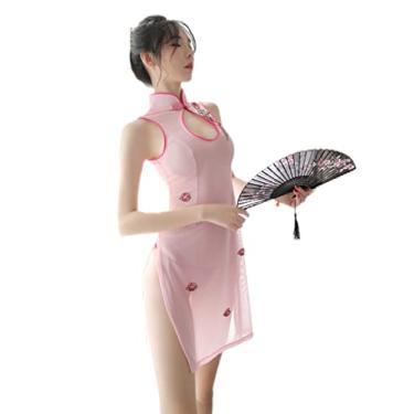 Imagem de SINGUYUN Lingerie feminina sexy Cheongsam cosplay malha bordado vestido babydoll camisola terno, 1297 rosa, One Size