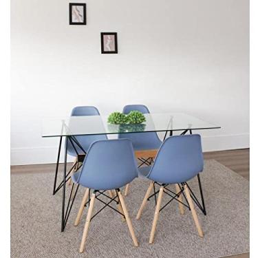 Imagem de Conjunto Mesa com Tampo de Vidro Araçá com 4 Cadeiras Eiffel Madeira Rivatti Vidro/azul