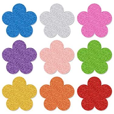 Imagem de Whaline Recortes de flores com glitter, 45 peças, recortes em forma de flor, 9 cores, corte de papel floral brilhante com ponto de cola para primavera, verão, escola, jardim de infância, decoração de borda de boletim para crianças, projetos de artesanato faça você mesmo