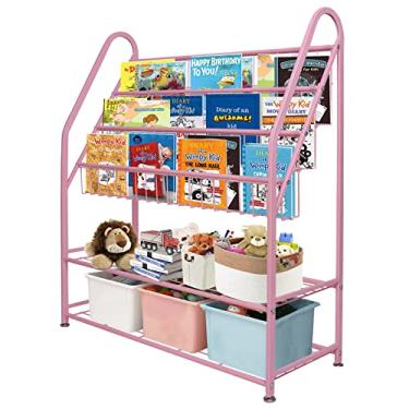 Imagem de aboxoo Estante de metal infantil rosa independente para quarto de crianças meninas 81 cm grande estante rosa estável livraria biblioteca unidade de armazenamento