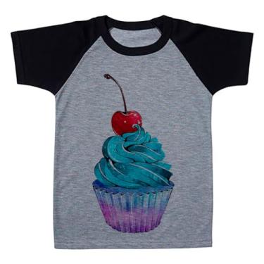 Imagem de Camiseta Raglan Infantil Cinza Cupcake Azul Com Cereja (BR, Numérico, 6, Regular, Polialgodão)