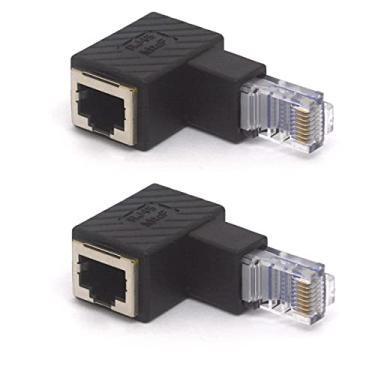 Imagem de GLHONG Adaptador Ethernet RJ45 angular, conector de rede RJ45 8P8C macho para fêmea Cat5e Cat6 de 90 graus, 2 peças (para baixo)