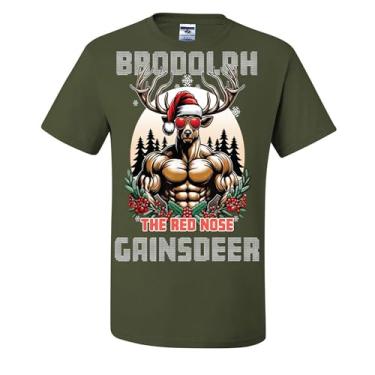 Imagem de Camisetas feias de Natal com tema de Papai Noel Gainsdeer Brodolph The Red Nose, Verde militar, G