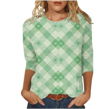 Imagem de Blusas de manga 3/4 para mulheres, camisetas casuais de gola redonda, camisetas estampadas xadrez, túnica, roupas femininas de verão, Camiseta feminina verde manga 3/4, 4G