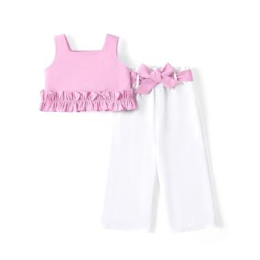 Imagem de PATPAT Conjunto de 2 peças de camiseta regata sem mangas com bainha plissada e calça com laço, Rosa malva, 4-5 Anos