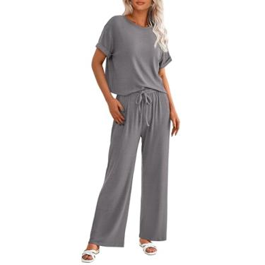 Imagem de PRETTYGARDEN Camiseta feminina de verão de 2 peças de malha de manga curta, calça de perna larga, roupa casual, Cinza, X-Large