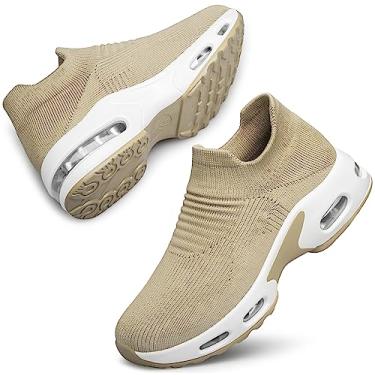 Imagem de DOUSSPRT Tênis feminino de caminhada sem cadarço para senhoras meninas enfermeira malha almofada de ar plataforma mocassins moda casual, Marrom amarelo., 8.5