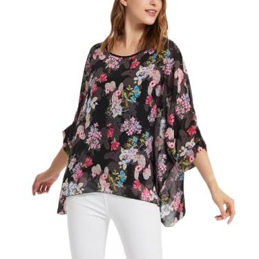Imagem de Blusa feminina solta de chiffon com estampa floral Alicia, blusa morcego, boêmia, rodada, camiseta, Florais de veias de folha, Tamanho Único Plus Size