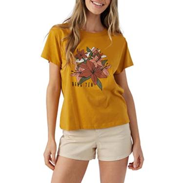 Imagem de Hang Ten Camiseta feminina com logotipo floral - Camisetas estampadas casuais confortáveis para mulheres - Camiseta estampada em tela de manga curta, Ouro antigo | Tropic Times, P