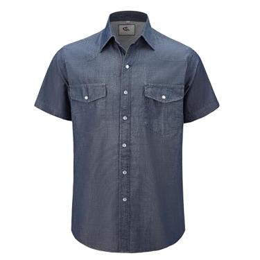 Imagem de COEVALS CLUB Camisa masculina jeans estilo caubói ocidental pérola com botões de pressão casual manga curta, 5# Azul-marinho, XXG