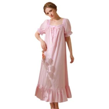 Imagem de Camisa de dormir feminina longa de algodão com gola quadrada de verão e manga curta, rosa, P