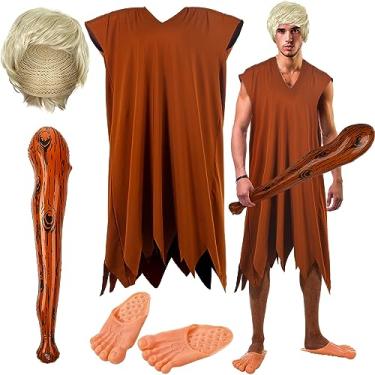 Imagem de Panitay 4 Pcs Cave Man Costumes for Adult Retro Cosplay Costume Brown Tunic Authentic Funny Bare Feet Slippers Blonde Wig Inflatable Wooden Stick for Halloween Cosplay Men