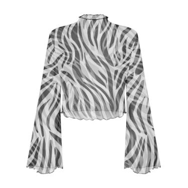 Imagem de Qznuberone Blusa feminina de manga de sino para sair para sair com gola redonda de malha cropped rodada, Estampa de zebra, GG