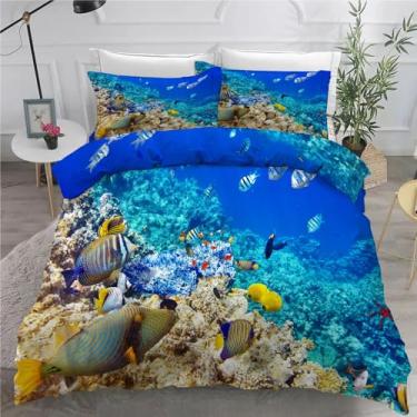 Imagem de Jogo de cama King Ocean Fish Conjunto de 3 peças para decoração de quarto, capa de edredom de microfibra macia 264 x 232 cm e 2 fronhas, com fecho de zíper e laços