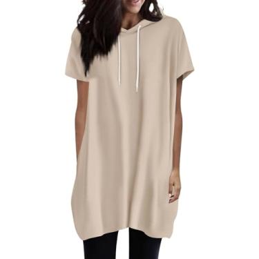 Imagem de 2024 Camisetas femininas de manga curta cor sólida com cordão básico verão casual blusas soltas túnicas com bolsos, Bege, M