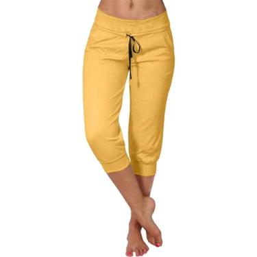 Imagem de Macacões femininos casuais de verão nova calça elástica cropped casual para mulheres moda calça de cintura alta para mulheres, Amarelo, XGG