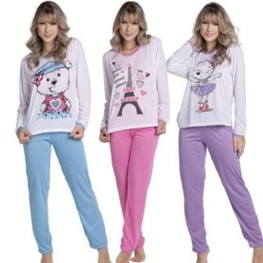 Imagem de KIT 3 Pijama Longo Malha Estampada Bella Fiore Inverno Roupa Para Dormir Frio Linha Noite-Feminino